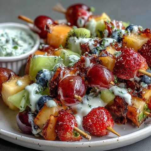 Bright, juicy fruit skewers in rainbow order served with a creamy honey-yogurt dip, a refreshing and easy no-cook treat for all ages.  
