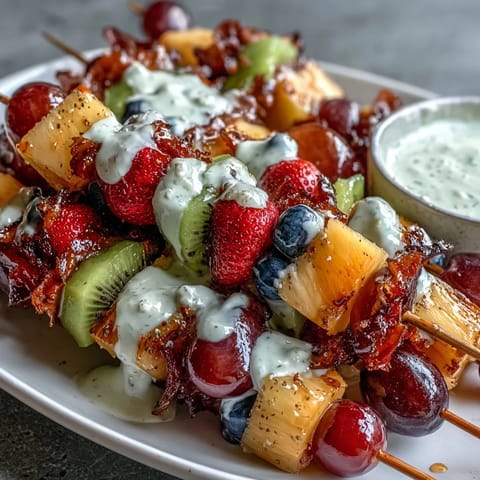 Rainbow Fruit Skewers with Honey Dip displayed in a colorful, vibrant arrangement on a white platter, perfect for summer parties and healthy snacking.  