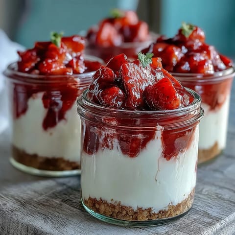Beautiful no-bake strawberry cheesecake jars layered with creamy filling and fresh strawberry compote in glass jars.
