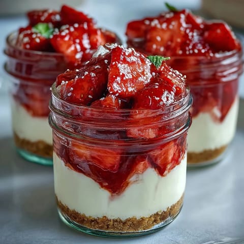 Creamy no-bake strawberry cheesecake with graham cracker crust, topped with vibrant strawberry compote in individual jars.