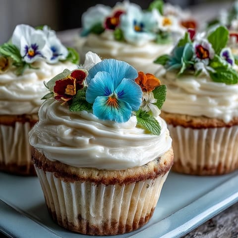 Delicate vanilla cupcakes with creamy buttercream frosting, adorned with vibrant edible flowers for a spring-inspired dessert.