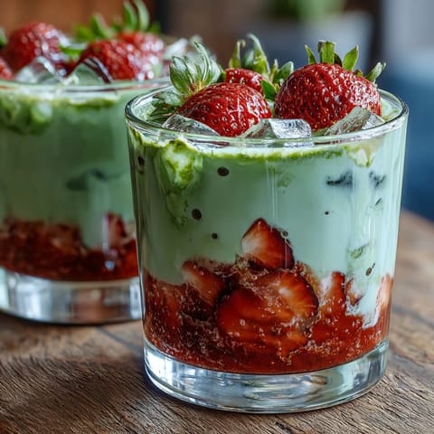 Strawberry Matcha Latte with Oat Milk in two tall glasses, layered with vibrant pink strawberry puree, creamy white oat milk, and vibrant green matcha, served over ice cubes for a refreshing summer drink.
