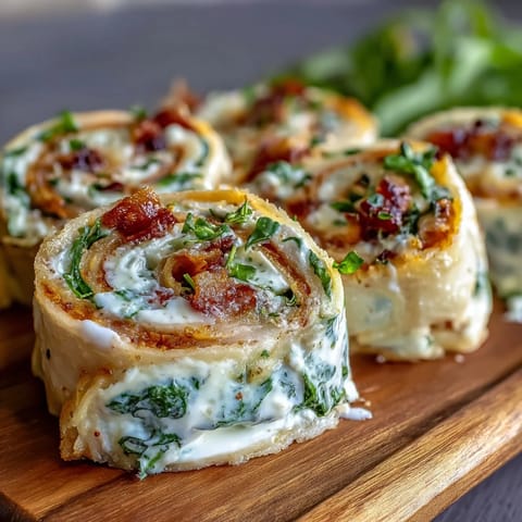 Turkey, Cheese & Spinach Tortilla Pinwheels arranged on a platter with fresh spinach leaves for a colorful appetizer spread.