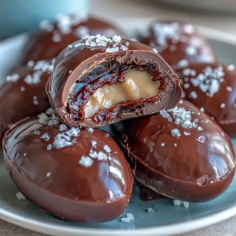 Decadent dark chocolate peanut butter Easter eggs with a creamy center, finished with a sprinkle of flaky sea salt for a sweet-salty treat.