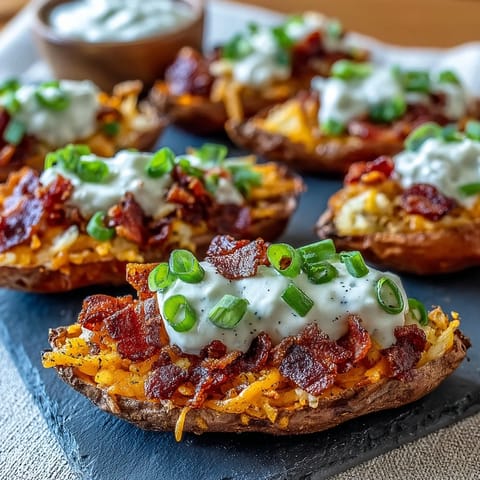 Golden baked sweet potato skins stuffed with sharp cheddar, crispy bacon, and fresh green onions.