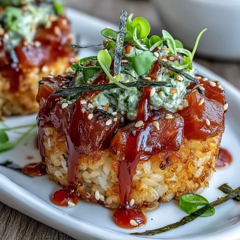 Crispy golden rice squares topped with spicy tuna and creamy avocado slices, garnished with sesame seeds and green onion.