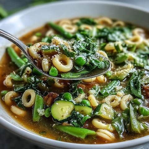 Vibrant spring minestrone soup with fresh vegetables, tender pasta, and herbs in a light broth.  