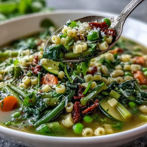 Colorful bowl of spring minestrone featuring zucchini, peas, spinach, and ditalini pasta.  