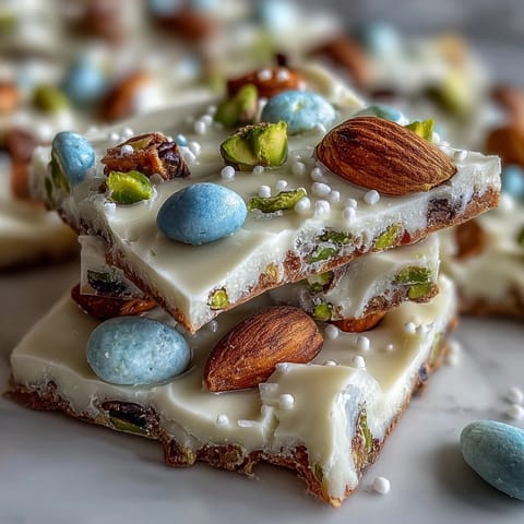 Colorful white chocolate bark featuring chopped Easter eggs, pistachios, and sprinkles, ideal for Easter dessert tables.  