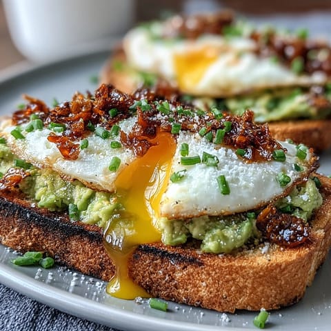 Creamy avocado toast with a poached egg, topped with a spicy, crunchy chili crisp drizzle for a flavorful breakfast.  
