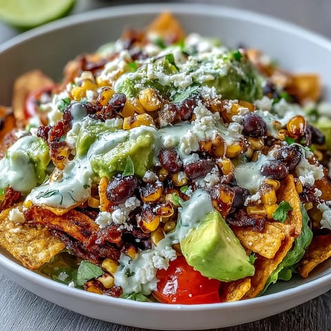 Hearty black bean taco salad topped with charred corn and zesty lime dressing, ready to serve.