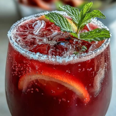 Glistening mocktail: Sparkling Hibiscus Mint Lemonade with lemon slices, perfect for parties.