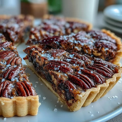 Rich chocolate bourbon pecan tart with flaky crust perfect for dessert.