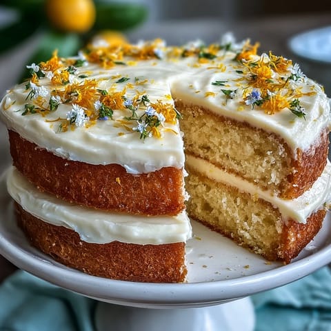 Bright Baby Shower Lemon Sunshine Cake adorned with delicate edible flowers.