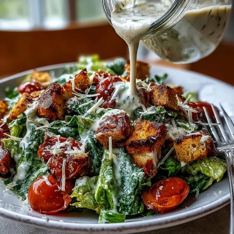 Fresh, crisp romaine lettuce topped with creamy tahini Caesar dressing, crunchy croutons, and Parmesan for a vibrant vegetarian salad.  