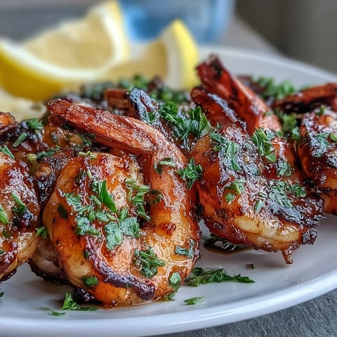 Juicy grilled honey garlic shrimp skewers glistening with glaze, plated with parsley.