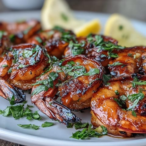 Perfectly seared honey garlic shrimp skewers, ready to be enjoyed with lemon.