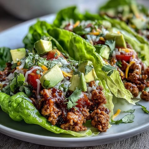 Juicy Turkey Taco Lettuce Wraps pictured with crisp lettuce and colorful fresh toppings.