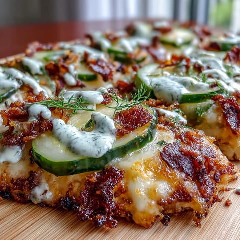 Crispy flatbread piled high with tangy pickles, bubbly cheese, ready to drizzle.