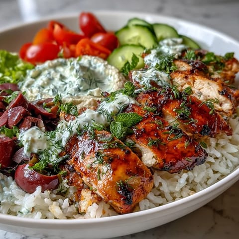 Juicy Greek chicken bowls with creamy tzatziki and colorful vegetables.