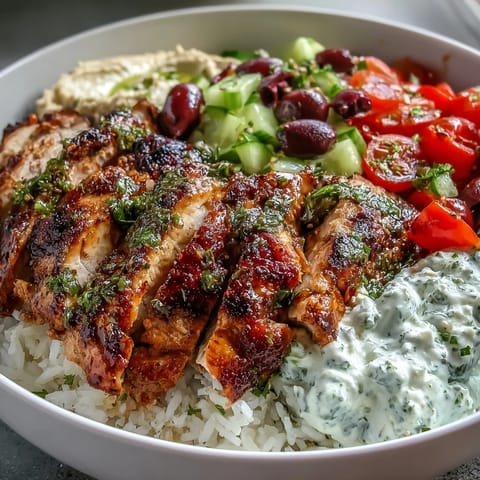 Delicious Greek chicken bowls topped with fresh dill, olives, and feta cheese.