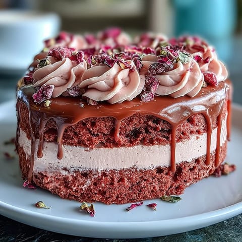 Elegant pink velvet cake with delicate rosé infusion and shimmering gold accents.