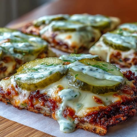 Golden baked pickle pizza flatbread, topped with melted cheese and zesty garlic ranch.