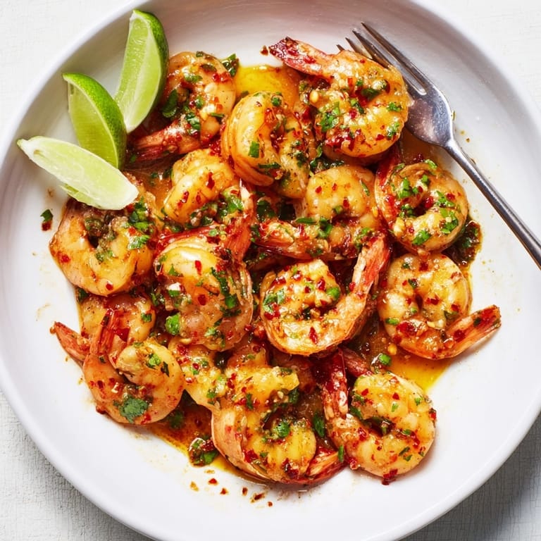 Close-up showing vibrant cilantro and lime wedges garnishing the Spicy Garlic Lime Shrimp dish.