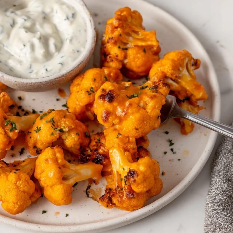 Golden, baked Buffalo Cauliflower Bites paired with zesty ranch dressing for dipping.