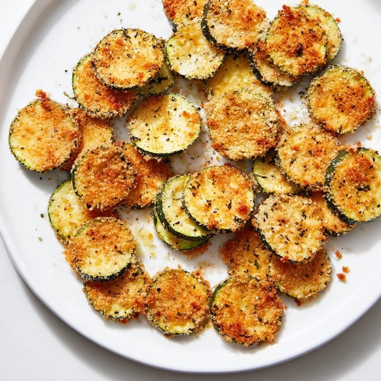 Oven-baked Crispy Parmesan Zucchini Chips, coated in savory breadcrumbs and Parmesan cheese.