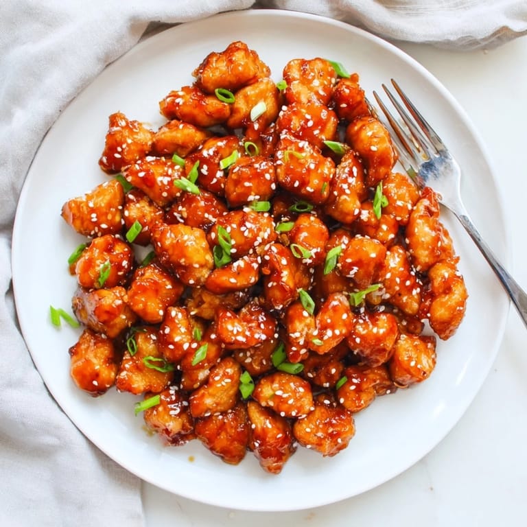 Appetizing bite-sized chicken drizzled with sweet and spicy honey Sriracha glaze.  