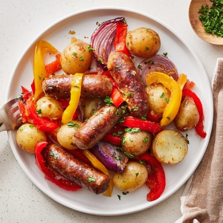 Colorful One-Pan Sausage, Peppers, and Potatoes served with fresh parsley and crusty bread.