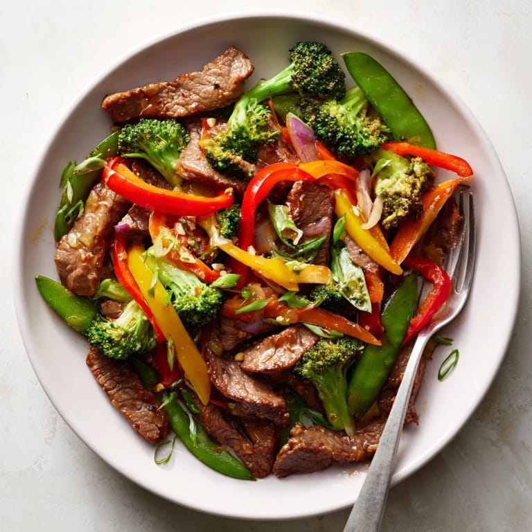Delicious beef and vegetable stir-fry in garlic sauce, served with fluffy rice.  