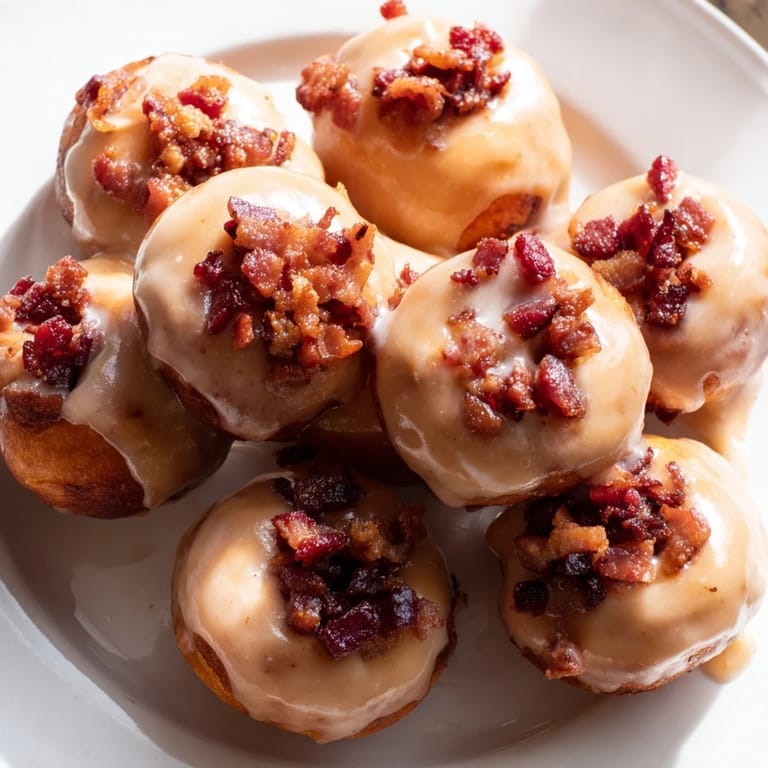 Delicious donut holes topped with crispy bacon, delivering sweet and savory bites anytime.