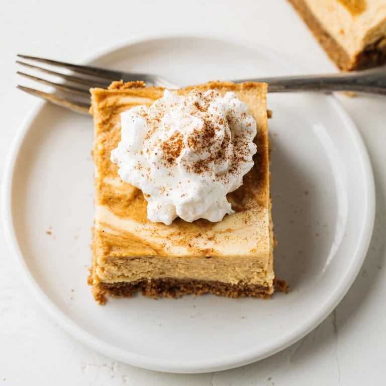 Delicious pumpkin cheesecake bars with warm spices, garnished with whipped cream and cinnamon.  
