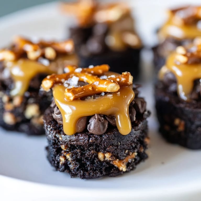 Decadent brownie bites with warm caramel and salty pretzels, a delightful dessert experience.