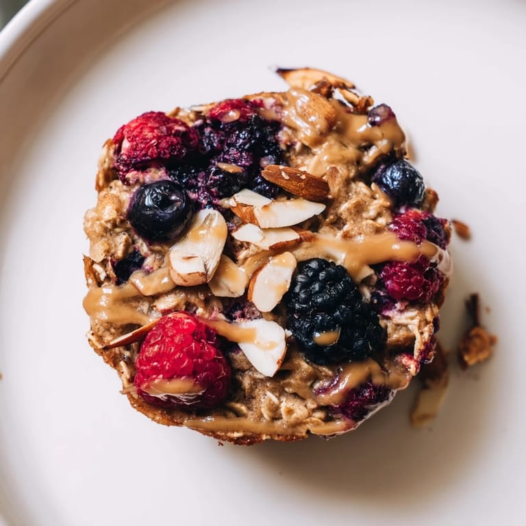 Close up of delicious Baked Oatmeal Cups showcasing the vibrant berries and nutty almond butter topping.