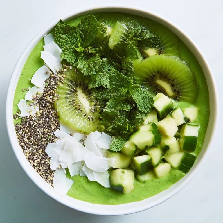 A beautifully arranged green smoothie bowl with kale and avocado, a refreshing and nutritious meal.