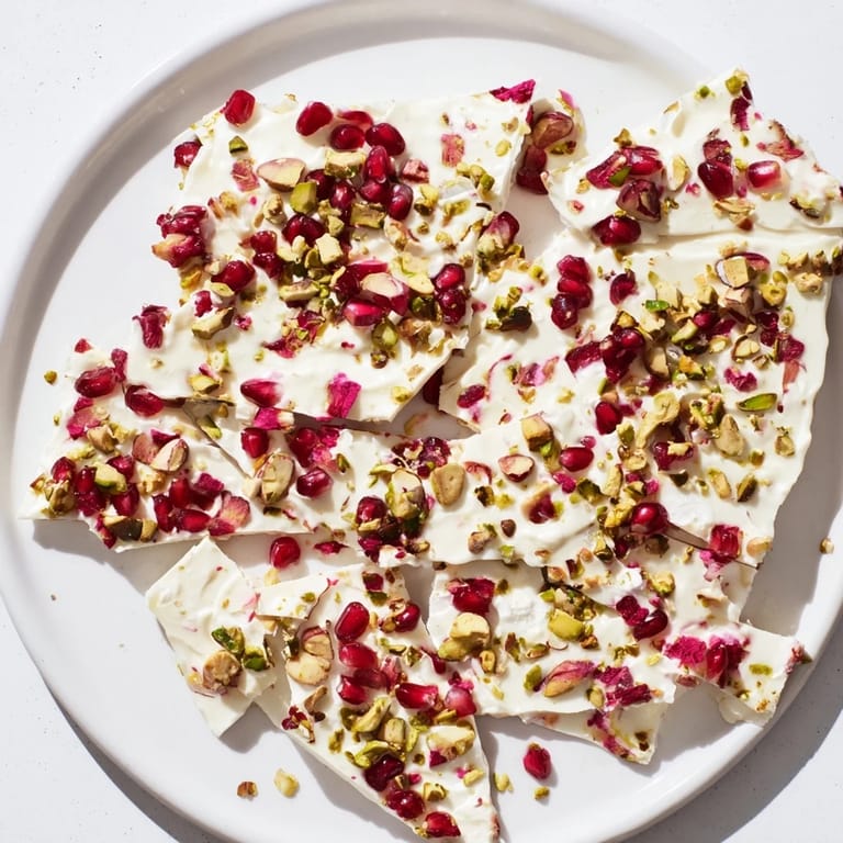 Enjoy a colorful bite of homemade frozen yogurt bark, with sweet pomegranate seeds and crunchy pistachios.
