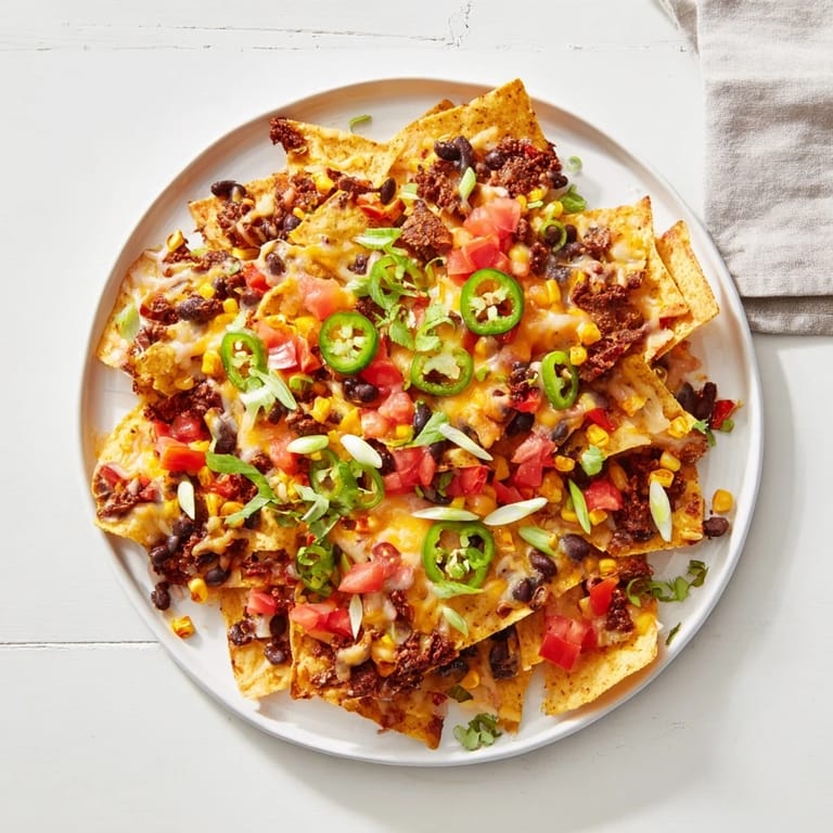 Warm sheet-pan nachos with a generous layer of beans and cheddar cheese, ready to be enjoyed.