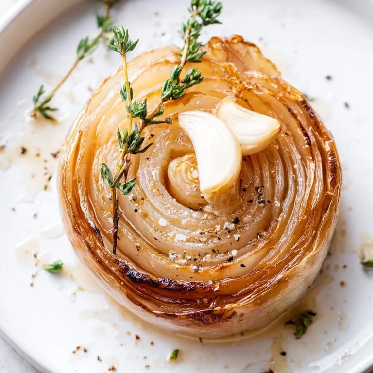 Close-up photo of a savory onion boil, showing the soft, caramelized onion and thyme sprigs.