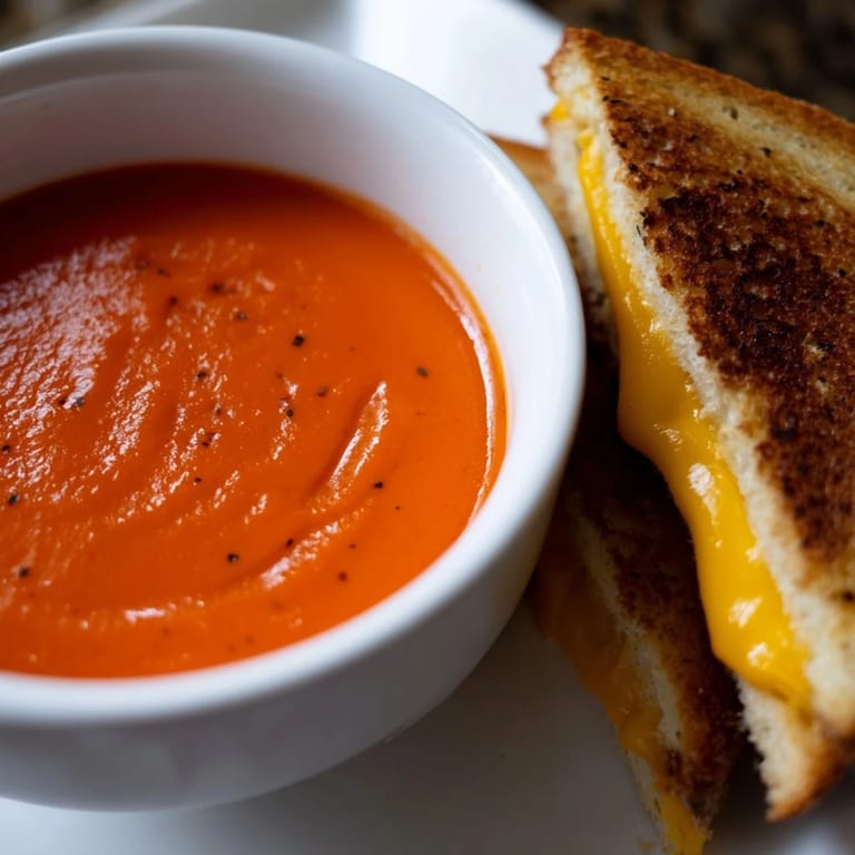 Melted cheddar oozing from grilled sandwiches, perfect for dunking into this creamy 5-Ingredient Tomato Soup.