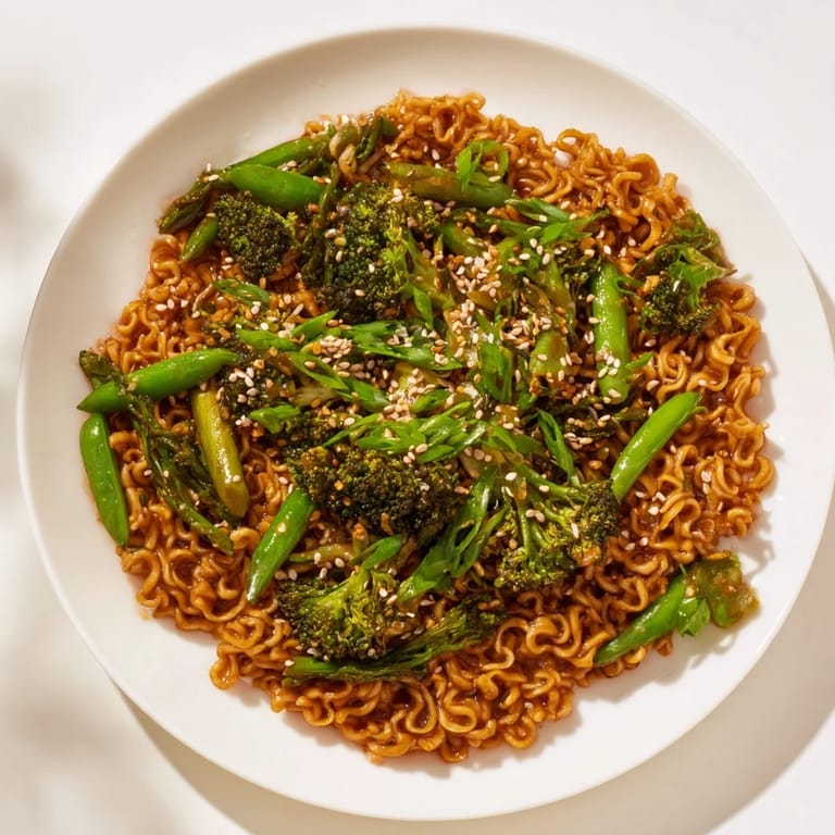 Weeknight delight: a close-up of the flavorful Ramen Noodle Stir-Fry Remix's saucy noodles and veggies.