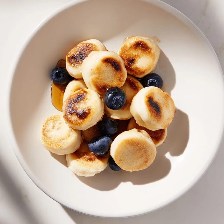 Fluffy pancake cereal, bite-sized American pancakes, ready to be enjoyed with maple syrup.
