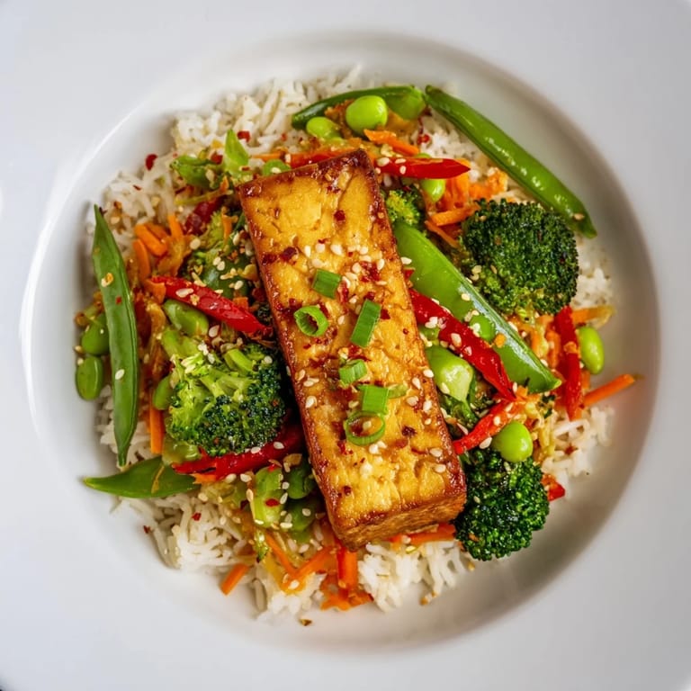 Crispy, pan-seared Pressed Tofu Steaks offer a satisfying meatless option served alongside rice.