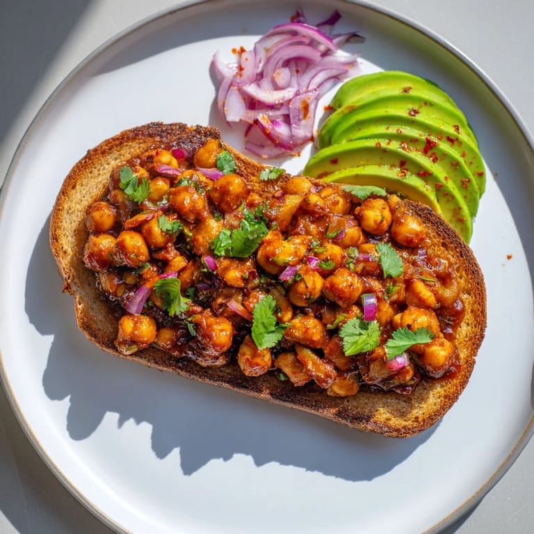 A vibrant plate of BBQ Chickpeas on Toast, a quick and satisfying vegan meal option.