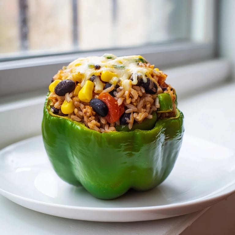 Hot, baked stuffed bell peppers, a complete meal with melting cheese and vibrant, colorful vegetables.
