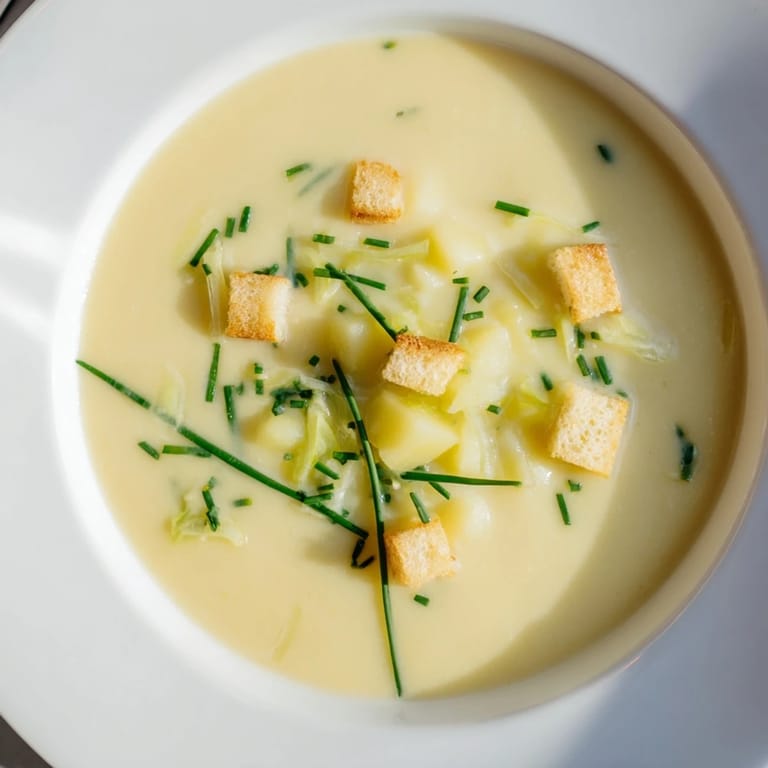 A visually appealing close-up of the smooth and silky potato leek soup with a swirl of cream.