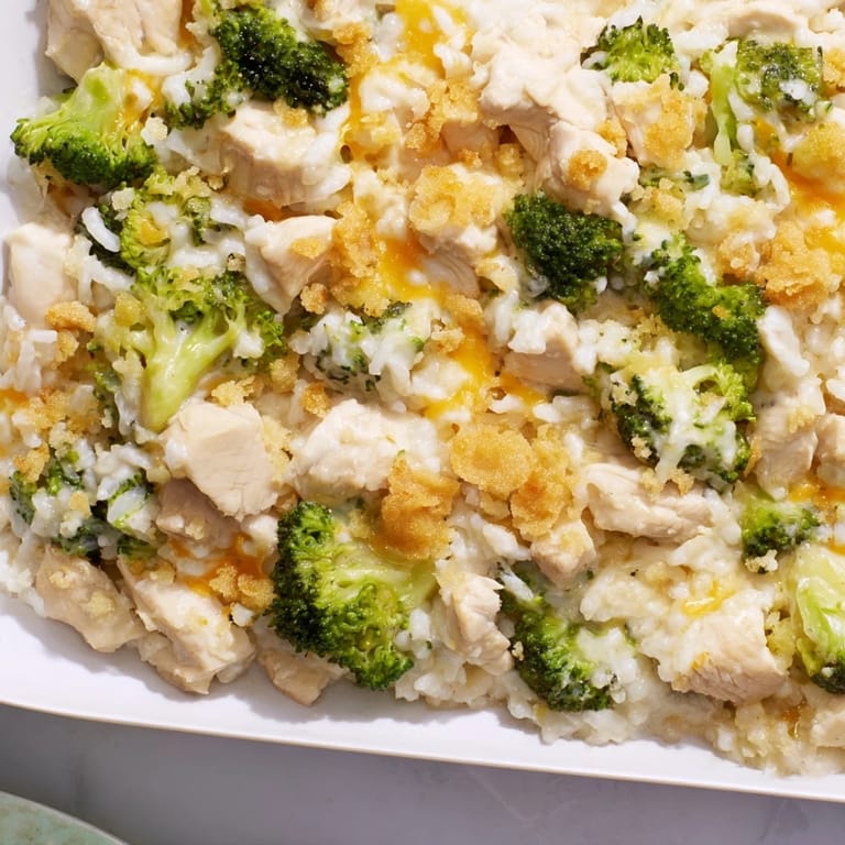 Savory Chicken & Broccoli Rice Casserole, topped with melted cheese, offers a warm, fragrant aroma in every bite.