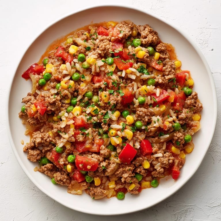 A close-up of a sizzling Ground Beef Skillet with Veggies & Rice with various beautiful, healthy ingredients.